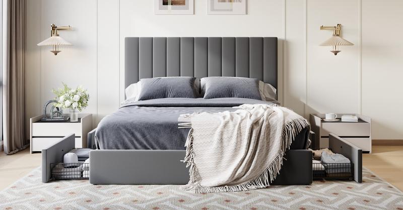 SHA CERLIN Full/Queen/King Size Storage Bed Frame with Adjustable Vertical Channel Tufted Headboard - Velvet Upholstered Platform Bed with 4 Drawers, Wooden Slats & No Box Spring Needed (White/Black/Grey) 【Frame Only No Mattress】