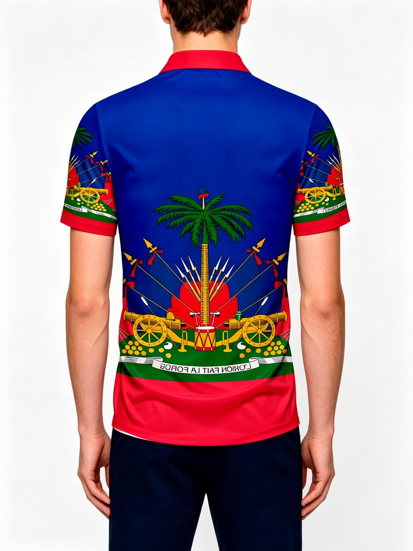 Summer Men's Tropical Colorblock Dopamine Full Print Street Fashion Polo, Collared Polo Shirt, Menswear, Haiti Flag Print Golf Shirt, Loose-Fit Casual All-Season Top, Printed Polo Shirts, Summer Polos
