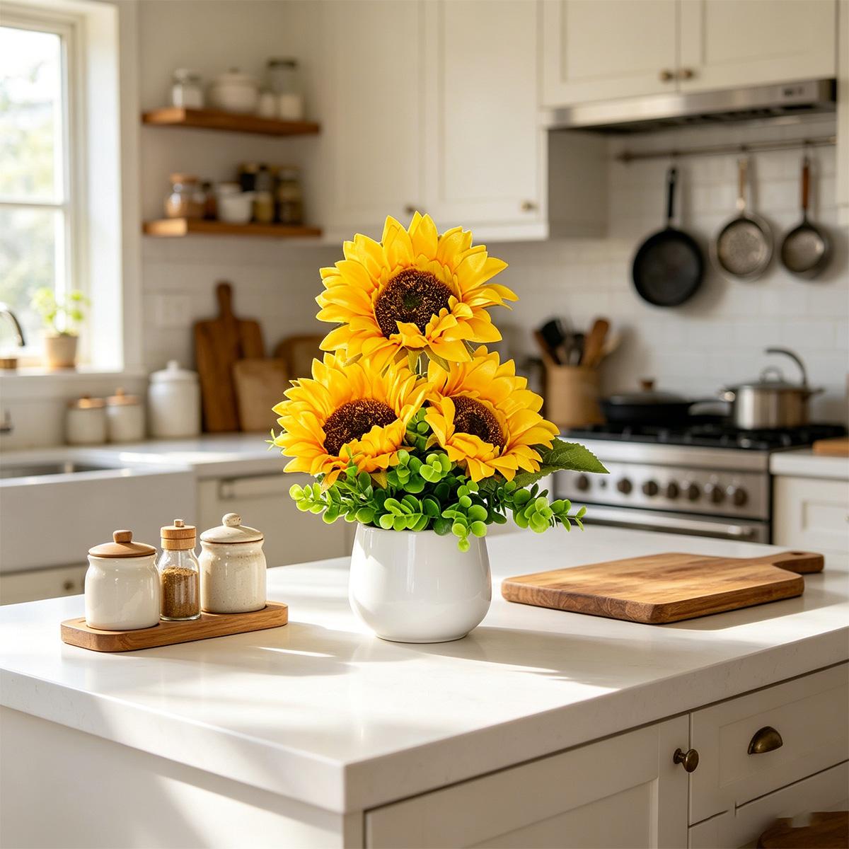 1pc Artificial Sunflower Arrangement in White Pot - Fake Yellow Sunflowers with Eucalyptus Greenery - No Maintenance Tabletop Decor for Home Office - Bright Floral Centerpiece, Housewarming Gift