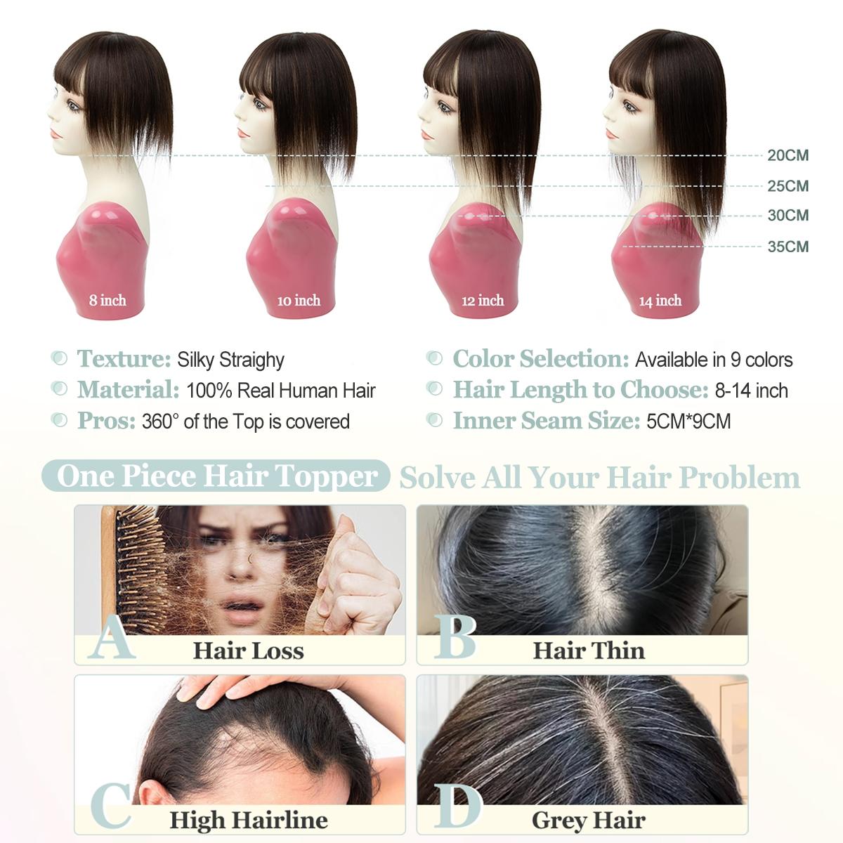 Real Human Hair Toppers for Women Daily 360° Bangs 3D Hair Pieces with Thinning Hair Bangs20, 25, 30, 35cm  Real Hair Women's Wig Set, Increase Volume, Change Style, Fashionable Straight Hairstyle