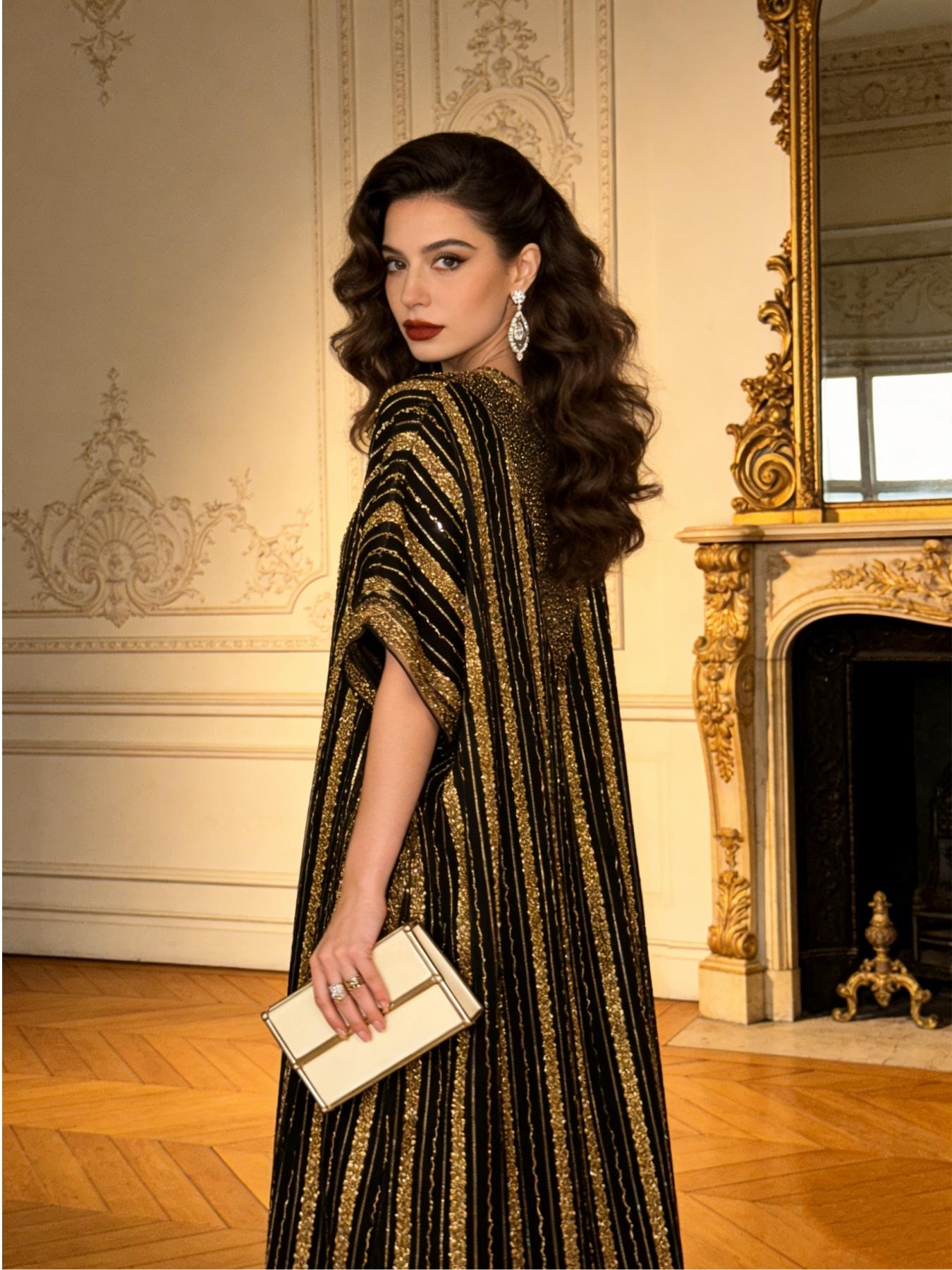 New Muslim Women's Kaftan, Elegant Sequin Mesh Abaya, Batwing Sleeve Cape, V Neck, Spring Summer Fall Evening Dress, Arabic Jellabiya, Moroccan Kaftan