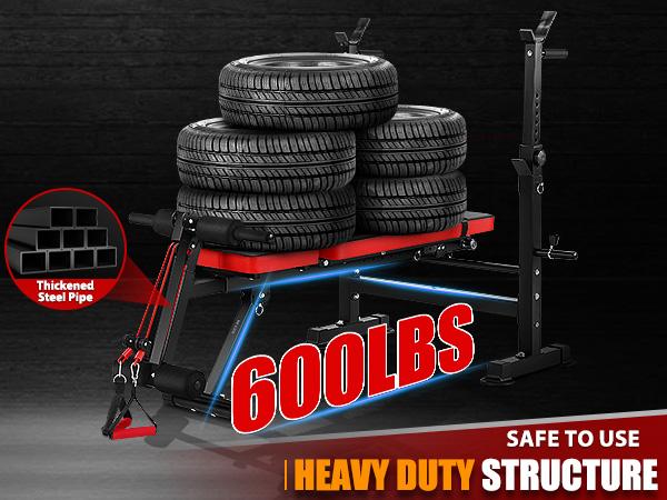 OPPSDECOR 600lbs 6 in 1 Weight Bench Set with Squat Rack, Foldable Adjustable Bench Press Set with Removable Foot Catch, Workout Bench for Home Gym