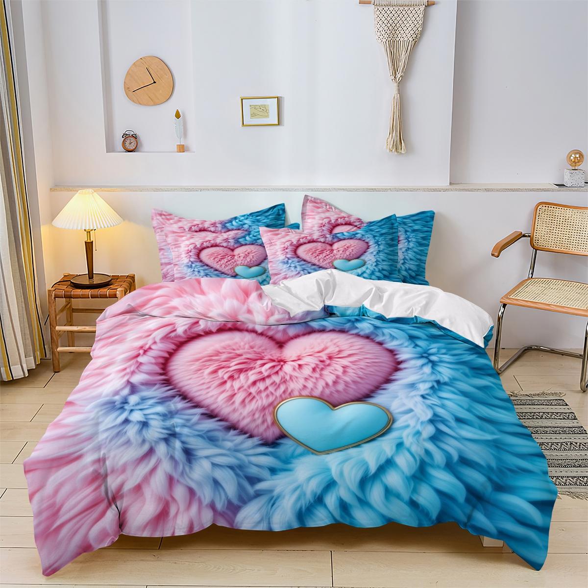 3pc Pink and Blue Heart Digital Print Duvet Cover Set, Bed Sets Supplies, includes 1 duvet cover and 2 pillowcases, suitable for single, double, queen beds, bedrooms, guest rooms, dormitories, hotels