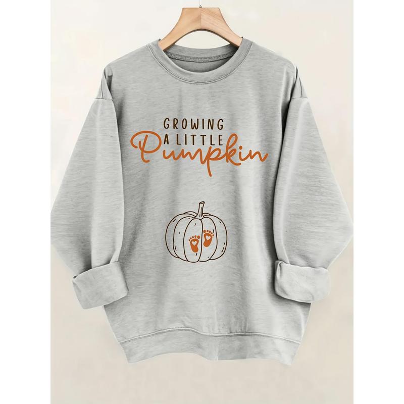 Growing A Little Pumpkin Print Creative Print Women's Casual Sweatshirt, Crew Neck Sweatshirt, Machine Washable Not Dry Cleanable, Simple Versatile Spring Autumn Casual Fit