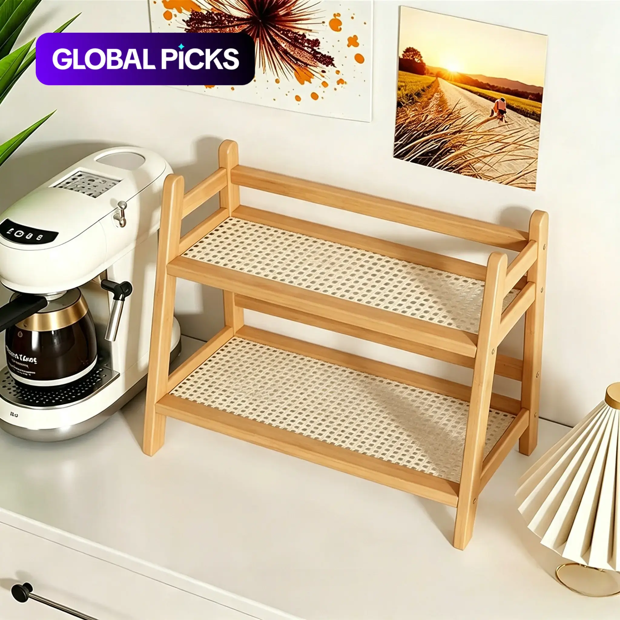 Wicker-Look Tea and Coffee Bar Station Organizer, Bamboo Mug Holder, Cup Holders and Matcha Stand, Cup Display Shelf and Condiment Storage Rack for Kitchen Counter, 2-Tier Beverage Organizer Display Riser