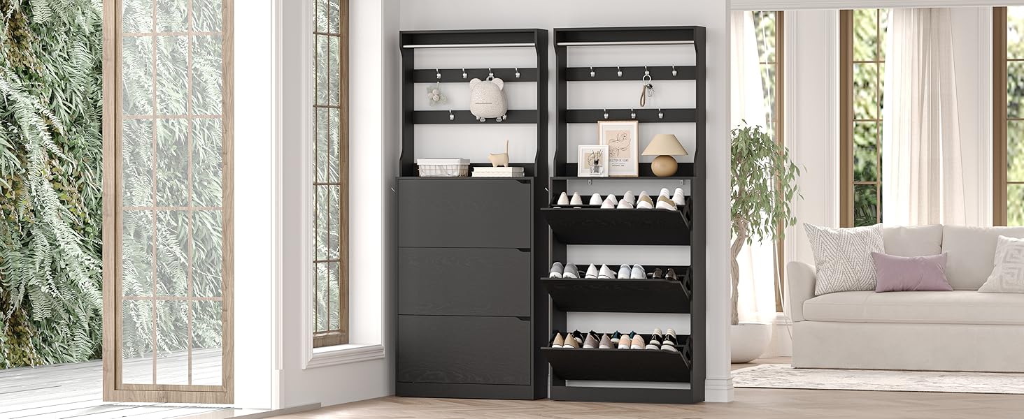 Home Decor Collection,Shoe Cabinet with 3 Flip Drawers & Coat Rack, Narrow Hidden Shoe Storage Cabinet, 2-in-1 Hall Tree Slim Freestanding Shoe Rack Organizer for Entryway, Hallway, and Living Room Home Decor Collection,Shoe Cabinet with 3 Flip Drawers & Coat Rack, Narrow Hidden Shoe Storage Cabinet, 2-in-1 Hall Tree Slim Freestanding Shoe Rack Organizer for Entryway, Hallway, and Living Room