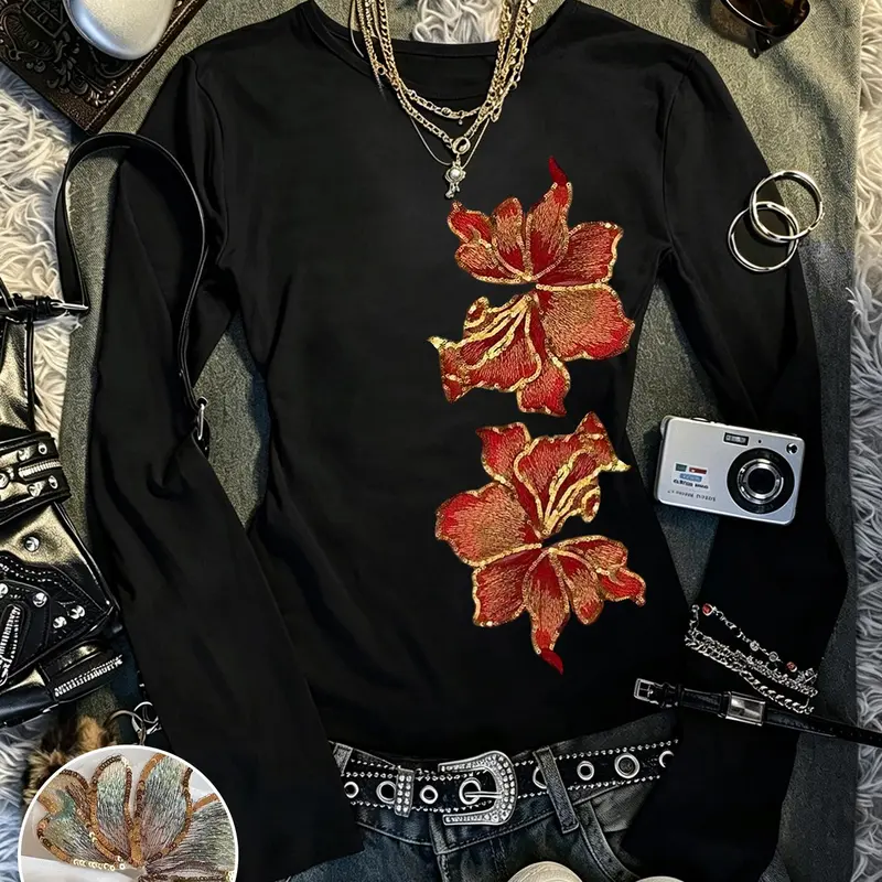 Women's Slim-Fit Round Neck Long Sleeve T-Shirt, Casual Fashion Letter Print Tee, Comfortable All-Season Wear, Versatile Top