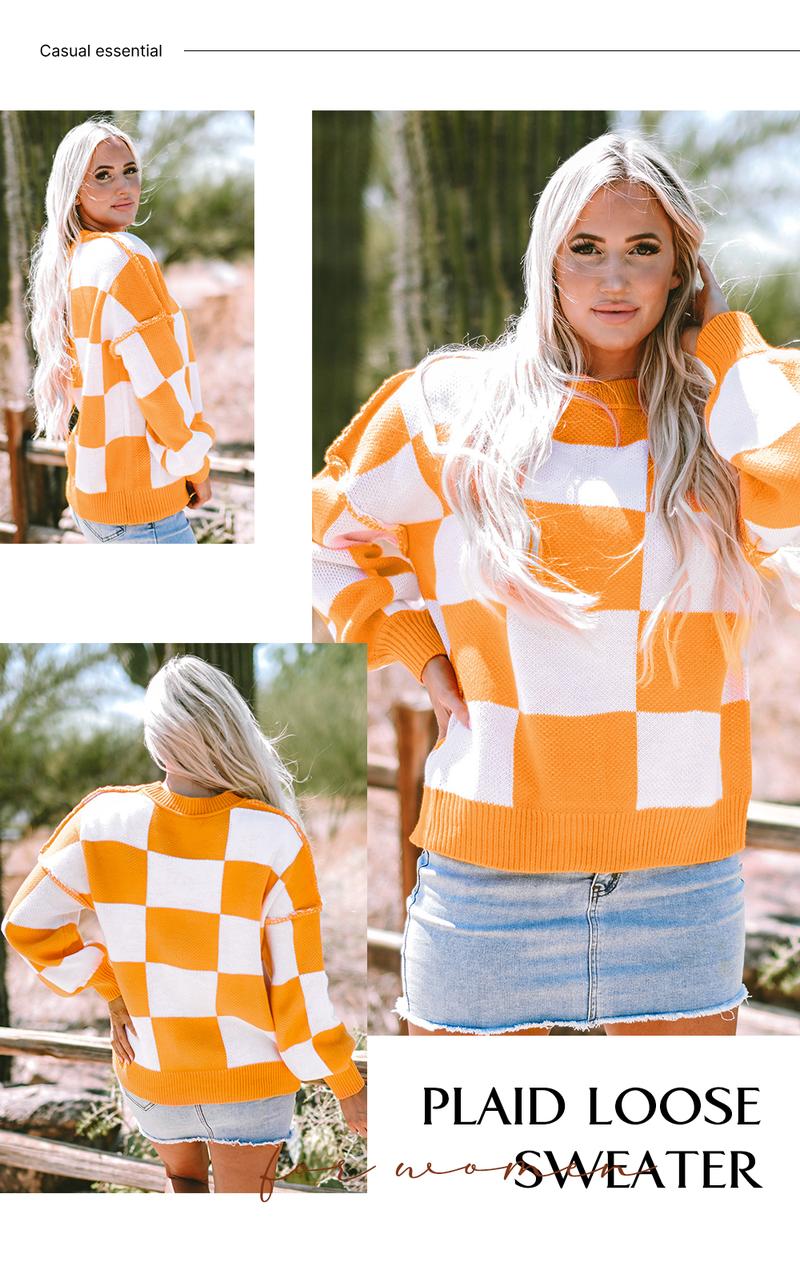 Asvivid Fall Clothes For Women Plaid Checkered Print Sweaters Drop Shoulder Bishop Long Sleeve Sweater Pullover Tops Fashion Winter Outfits