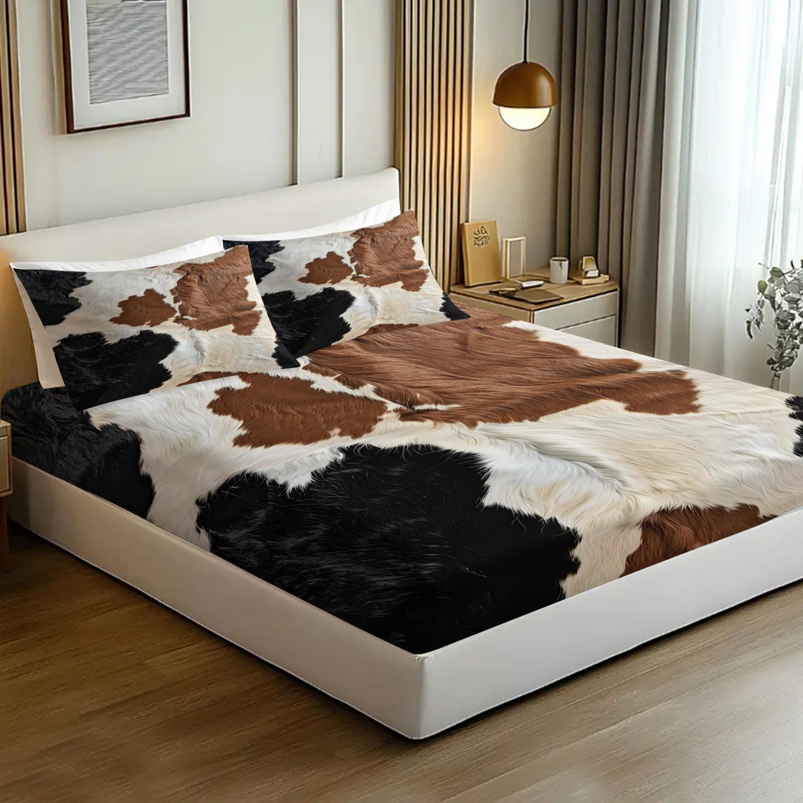3Pcs Cowhide Inspired Fitted Sheet Set, Decorative Bedsheet Sets, Black, White, and Brown Pattern Bedding Set, Soft and Curly Texture, Stylish Bedding for a Natural Home Decor, Perfect for Rustic and Chic Bedroom Makeover,Includes 2 pillowcases