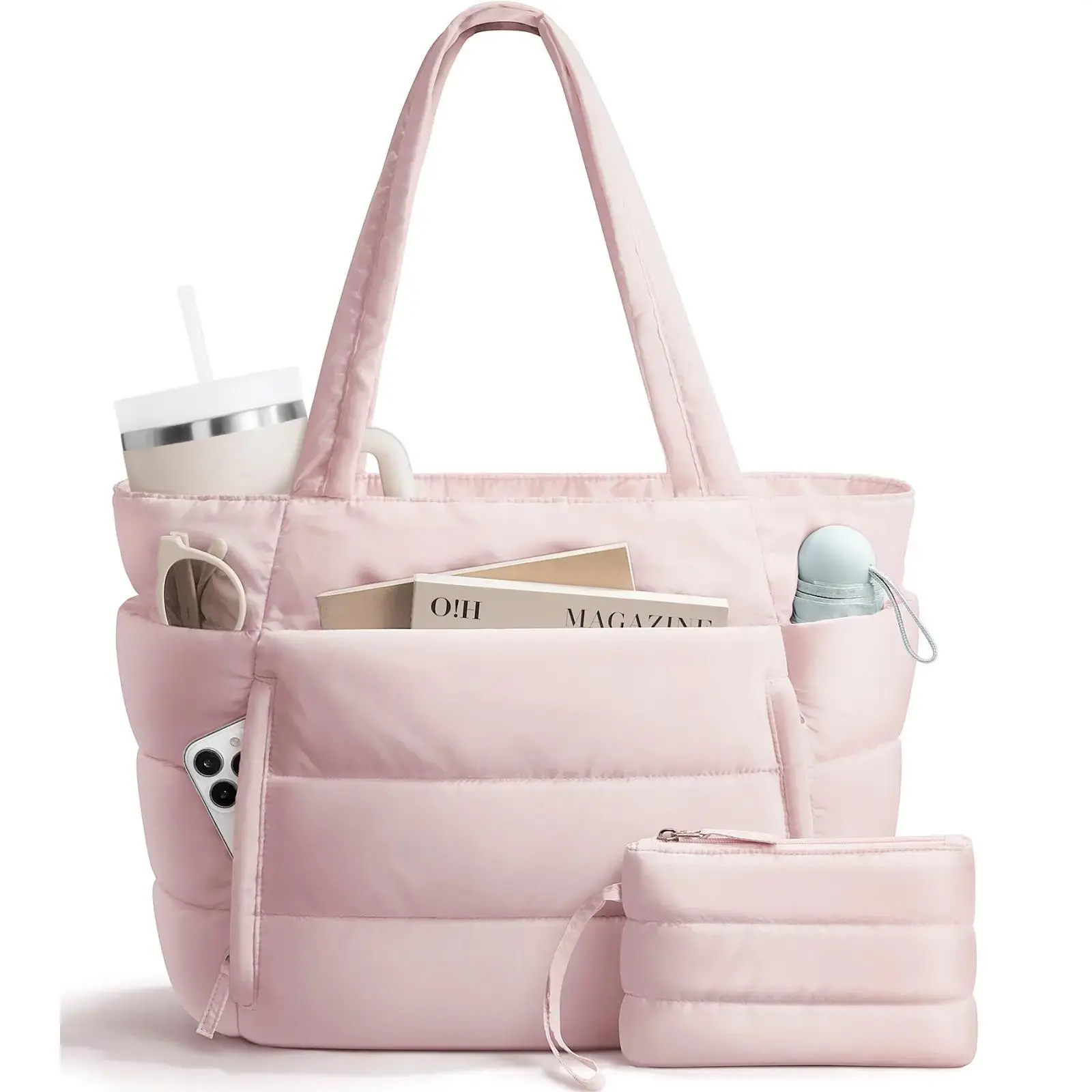 Quilted Puffer Tote Bag for Women, Plain Shoulder Bag with Soft Quilted Fabric & Pouch, Lightweight Large Capacity for Laptop & Work Travel