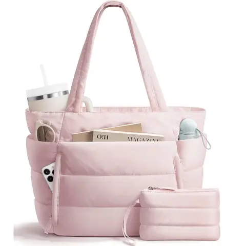 Women's Quilted Puffer Travel Tote - Soft Fabric Shoulder Bag with Pouch, Lightweight Versatile Tote, Fashionable Working Bag for Laptop, Sports & Outdoor Accessory