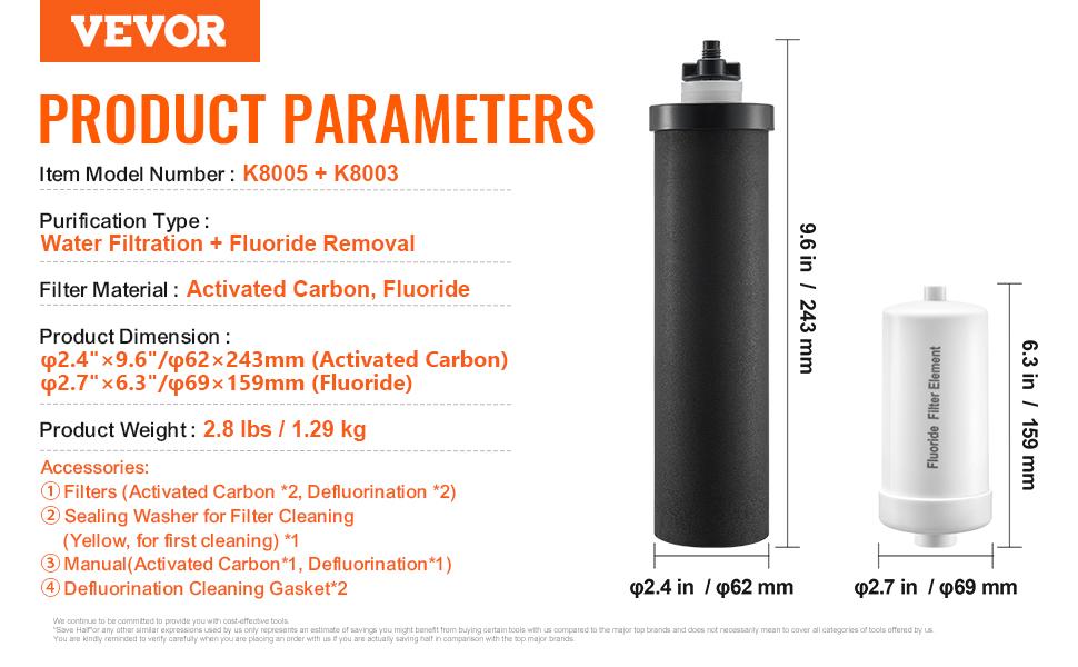 【Summerfinds】VEVOR Gravity Water Filter Replacement Elements Pack of 4 - 2 Activated Carbon, 2 Defluorination Filters, Gravity-Fit, No Leakage, 7000 gal, Compatible with Most Brands, for Outdoors Indoors