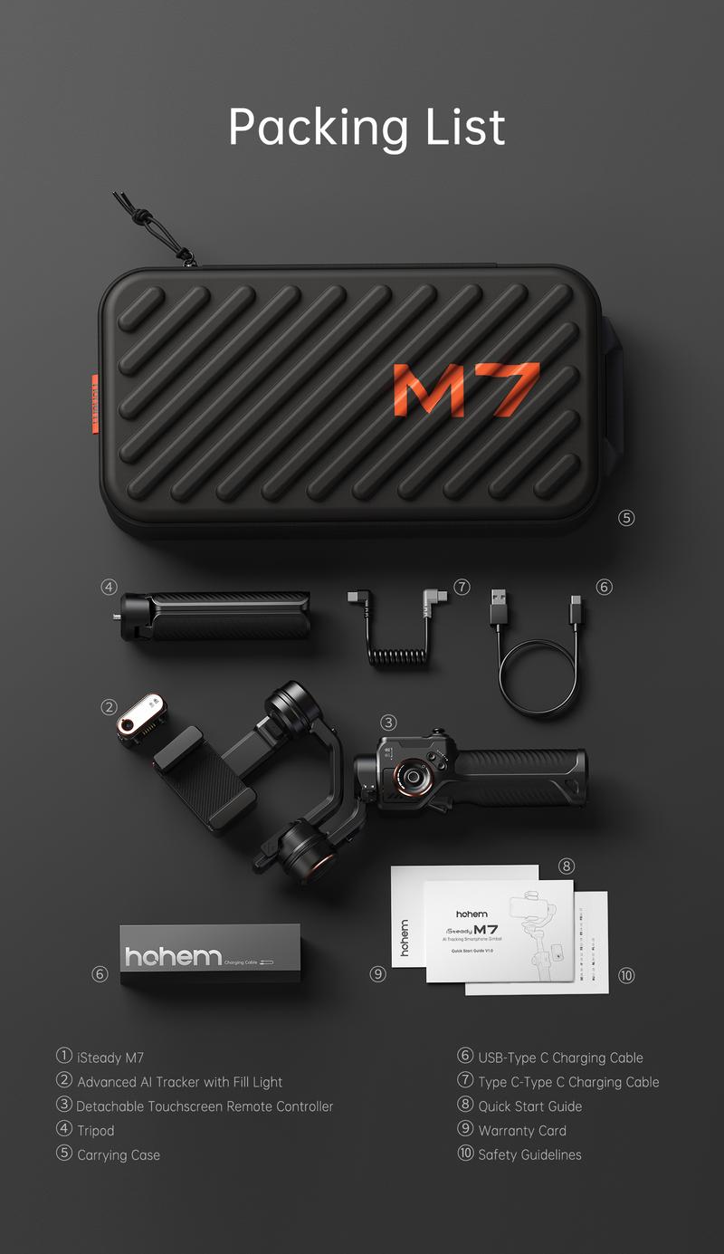 Hohem iSteady M7 AI Tracking Smartphone Gimbal Stabilizer 3-Axis with Magnetic Fill Light/AI Tracking Sensor for iPhone Android with 1/4-inch Color Tochscreen Display,Detachable Remote Controller, Max Payload 500g 2023 Upgraded