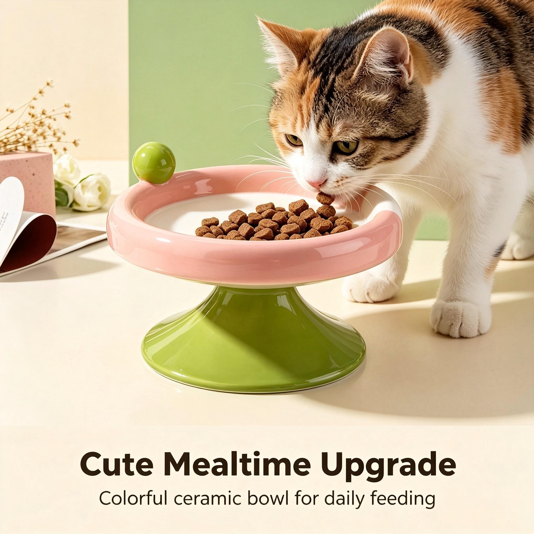 Macaron Color Cute Ceramic Elevated Cat Feeding Bowl, Small Raised Food Dish for Cats and Small Dogs, Reduces Neck Strain