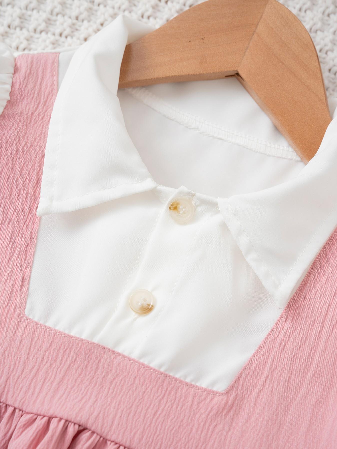 2pcs Girls' Summer Fashion Dress, Frilled Dress, Solid Colored Dress, Pure Color Princess Style, Sweet and Cute Design, Lapel Collar, Casual Wear for Kids