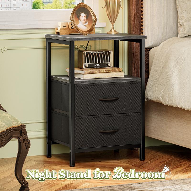 Huuger Night Stand with 2 Drawers, Bed Side Table with Open Shelf, Wooden Top, End Table for Small Space, Bedroom, Fabric Drawer