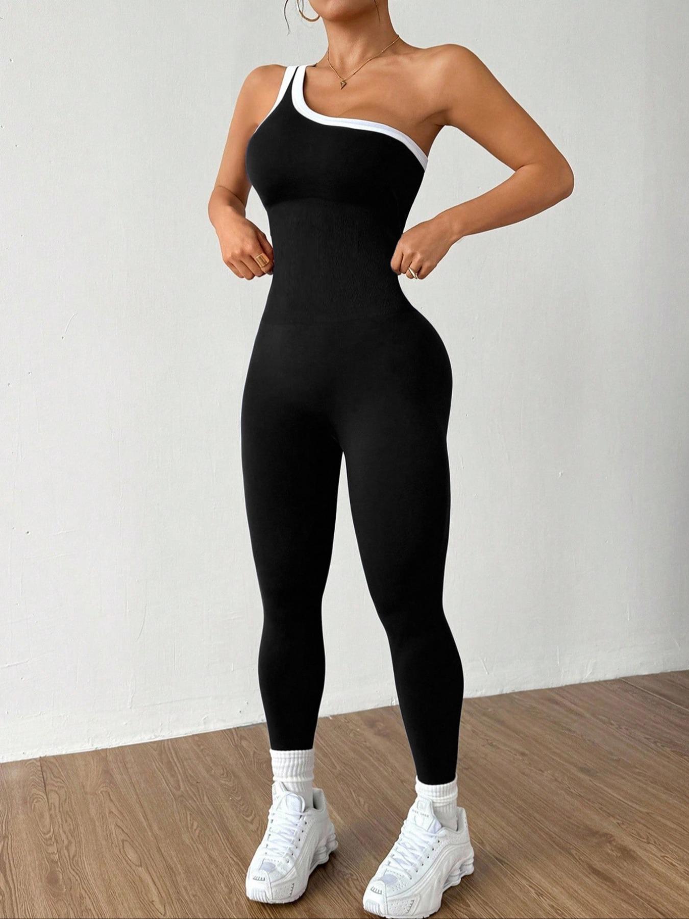 Women's Colorblock Asymmetrical Neck Sleeveless Knit Yoga Jumpsuit, Casual Slim-Fitting Long Sleeve Top for All Seasons