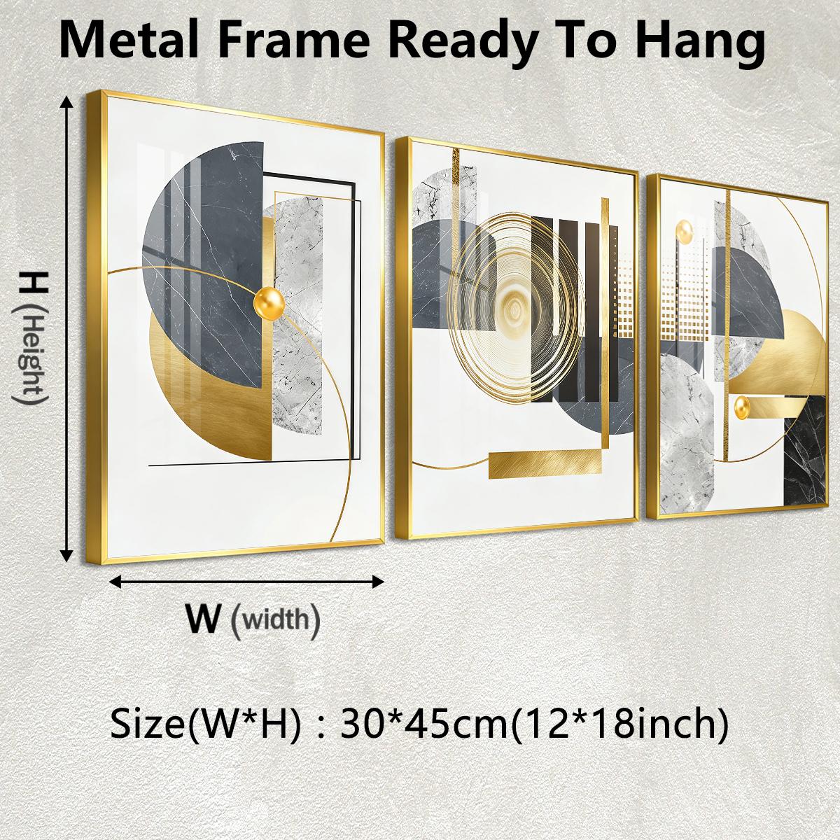 3 Counts Aluminum Alloy Framed Painting, Geometric Gold And Grey Abstract Art, Home Decoration For Living Room, Bedroom, Office, Restaurant, Hallway Wall Decor, Odorless Print Artwork, Luxury Perfect Gift For Friends And Family