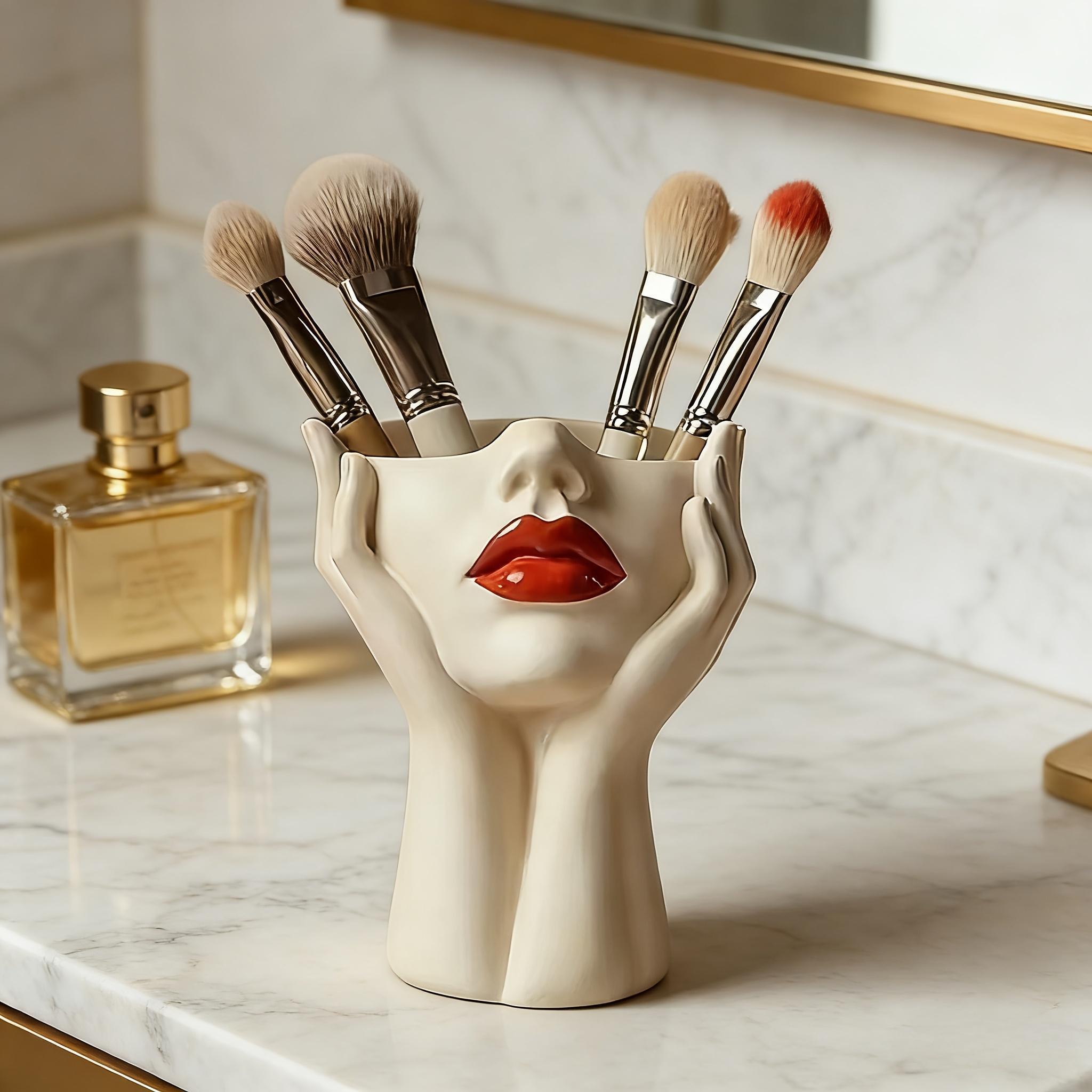 1pc Elegant Resin Makeup Brush Holder with a Red Lip Design - a Lightweight Synthetic Resin Cosmetic Organizer, Pen Holder, and Freestanding Desktop Organizer for Use in the Bathroom or on a Dressing Table.