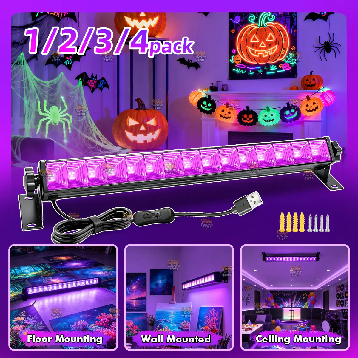 OYCIJE 75 LED Black Lights Bar, Blacklight Bars with USB-A and Switch and 150cm Cord, Glow in The Dark Party Supplies for Halloween Decorations, Bedroom, Body Paint, Stage Lighting, Poster, Black