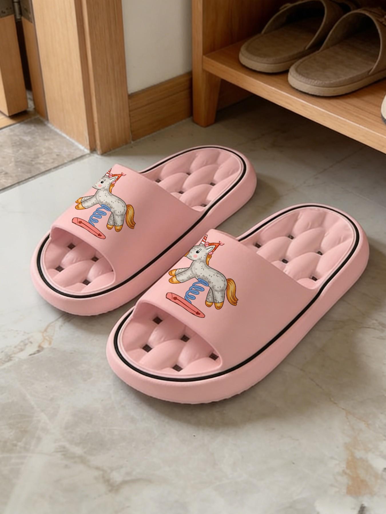 1 Pair Cartoon Pony Skateboard Themed Printed Hollow Massage Thick Sole Slippers, Cute Fun Style, Non-slip Soft Sole, Quick-dry for Bathroom, Indoor & Outdoor Dual-use, Open Toe Slides, Bathroom Casual Slippers