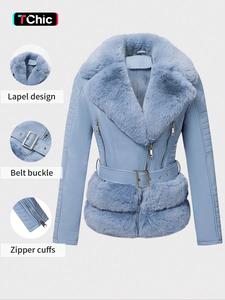 women's faux leather jacket, casual fall & winter coat, thick woven fabric, adjustable waist belt, warm daily wear outerwear