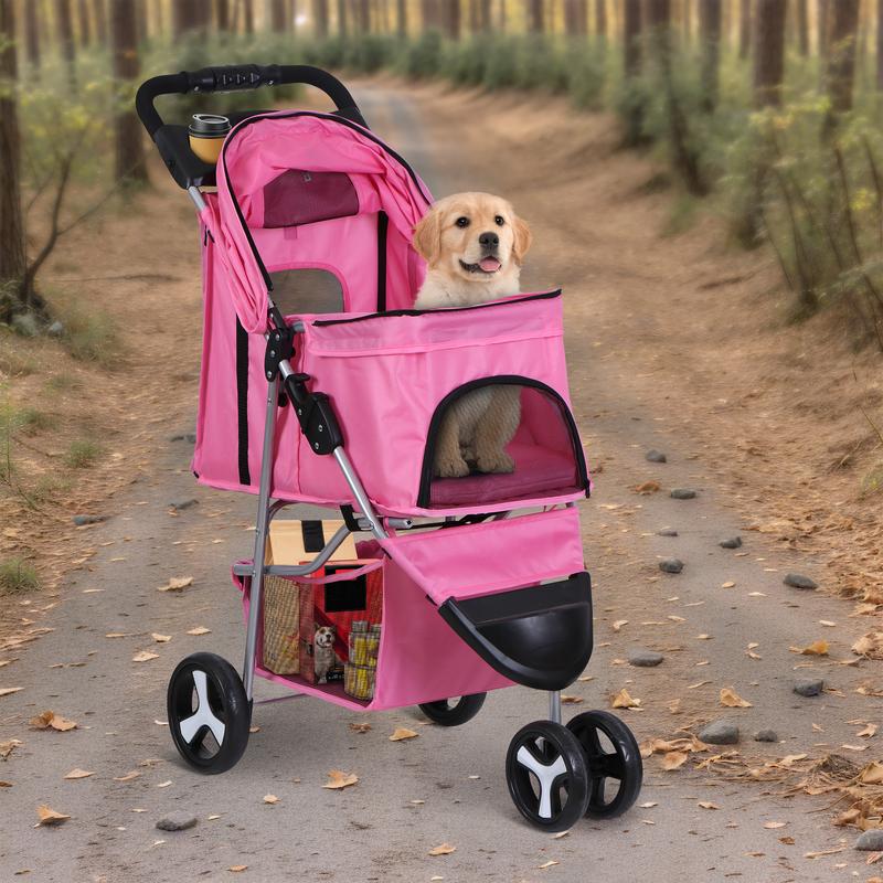 Pet Republic 3 Wheels Foldable Pet Stroller for Small Dog Max 33lbs W/Storage Basket, Pink