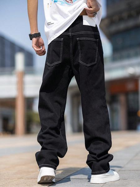 Men's Black Ripped Patched Wide-Leg Denim Jeans, Personalized Patches + Trendy Rips, a Must-Have for Street Trendsetters! Men's Black Ripped Patched Wide-Leg Denim Jeans, Personalized Patches + Trendy Rips, a Must-Have for Street Trendsetters!