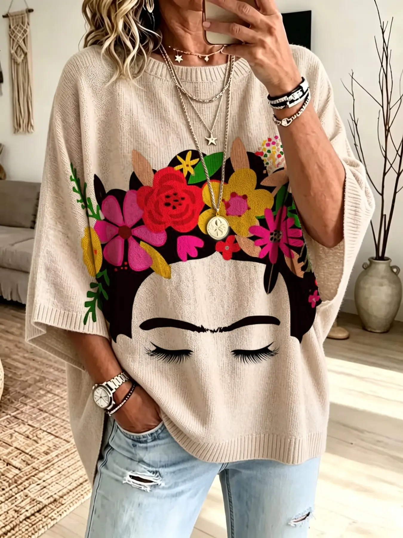 Loose Round Neck Bat Sleeve Knit Top for Women, Lazy Style Lightweight Pullover, Slimming Print Sweater, Casual Versatile Cover-Up