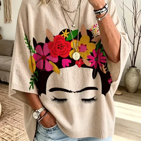 Loose Round Neck Bat Sleeve Knit Top for Women, Lazy Style Lightweight Pullover, Slimming Print Sweater, Casual Versatile Cover-Up
