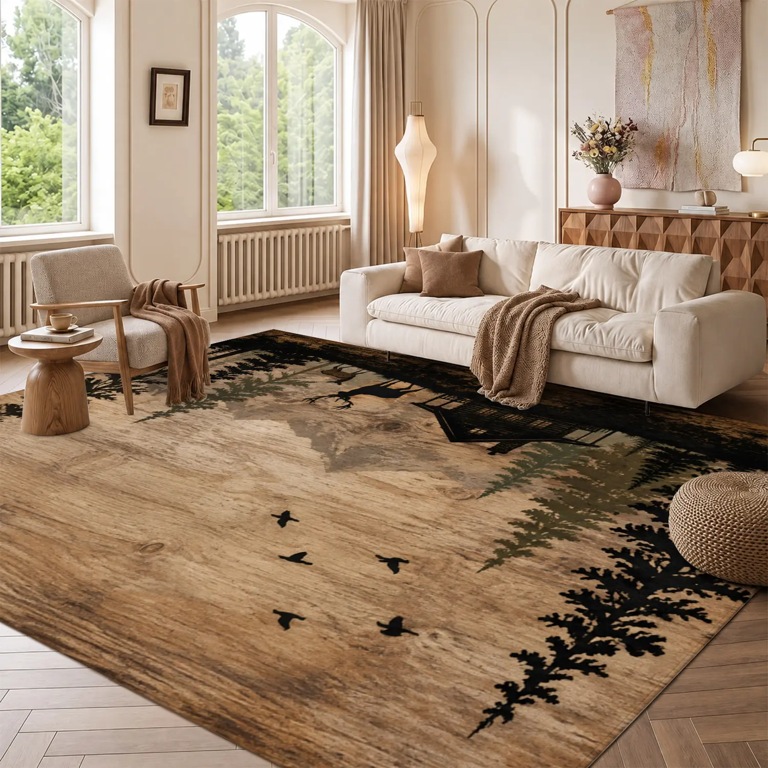 Large Indoor Area Rug, Soft Velvet Low Pile Non-Slip Dotted Backing Machine Washable, Rustic Mountain Cabin Forest Deer Silhouette with Wood Grain Accent, Ideal for Living Room, Bedroom, Lodge, Cabin Home Decor