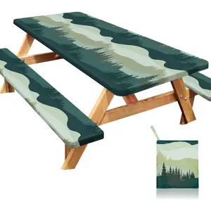 Picnic Table Cover with Bench Covers Windproof Waterproof Picnic Table Covers Camping Tablecloth with Self-Storage Bag, 72in, Green Blue