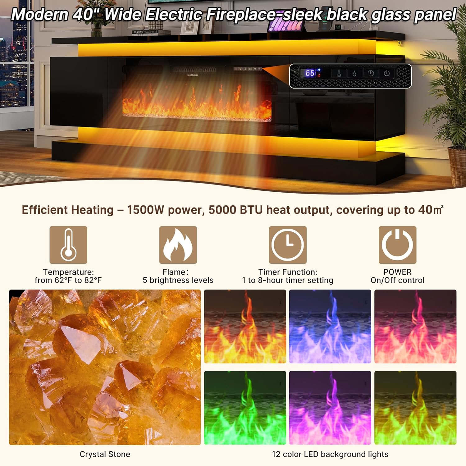 71in Fireplace TV Stands w/40 inch Fireplace Power Outlet for 85/80/75 Inch TV,High Glossy Modern TV Console Gaming Entertainment Center with 2 Storage Cabinets,Dual LED Lights,Black/White