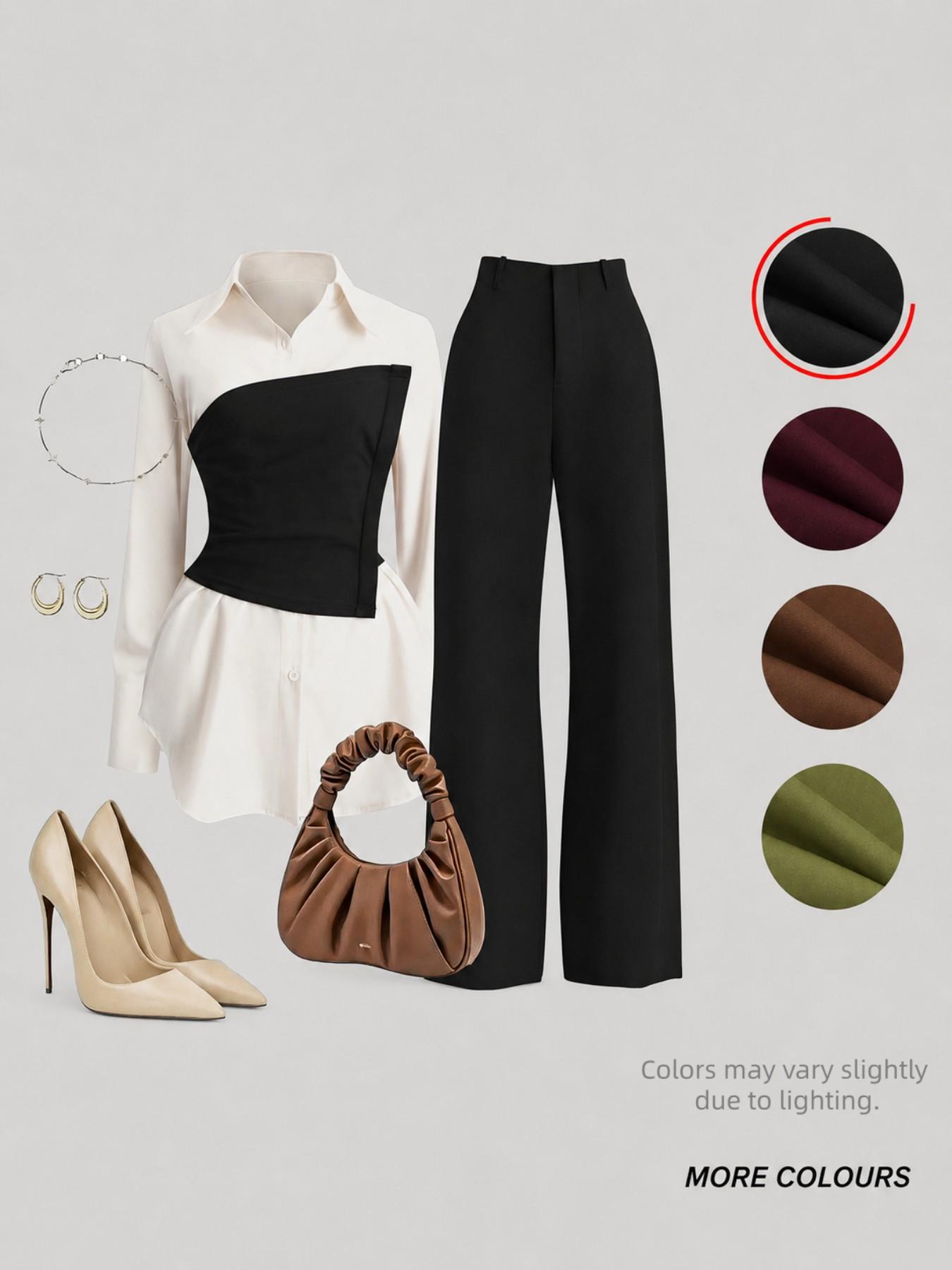 Women's Fall Winter Slimming Belted Colorblock Collar Blouse Set, Asymmetric Hem Design, Casual Daily Commute Two-Piece, Multiple Colors Available