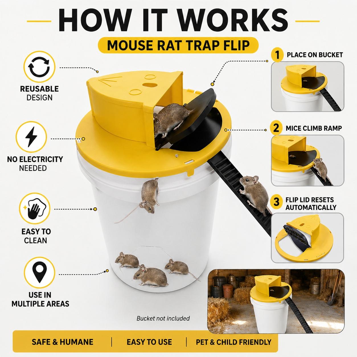 Mouse Rat Trap Flip, Mouse Traps Indoor for Home, Multi-Catch, Auto-Reset, Humane Mouse Trap, Rodent Pet Safe Reusable Mouse Trap, Slide Mouse Trap Lid Mouse Trap, Mouse Traps Bucket, for indoors, outdoors, barn, workshop, chicken coop or garden