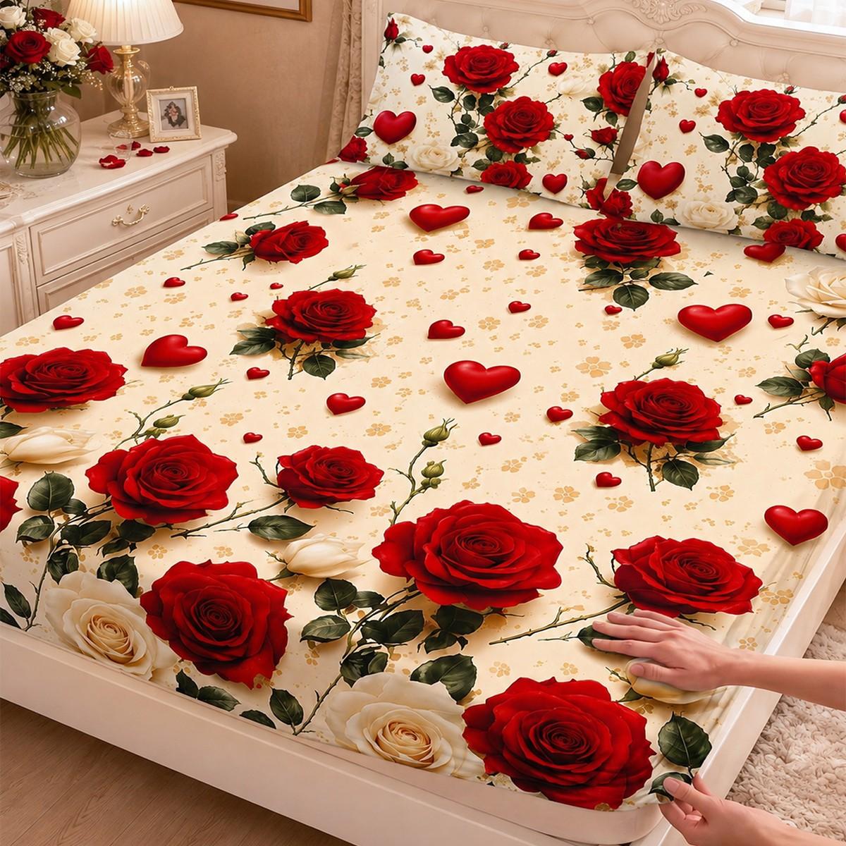 3pcs Three-piece fitted sheet set with red rose and heart floral print. Includes one fitted sheet and two pillowcases (pillow inserts not included). Soft, comfortable, and breathable. Available in multiple sizes. Suitable for master bedrooms, guest rooms