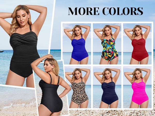 Holipick Plus Size One Piece Swimsuit Tummy Control Strapless Bathing Suits Bandeau Slimming Ruched Twist Front Swimwear