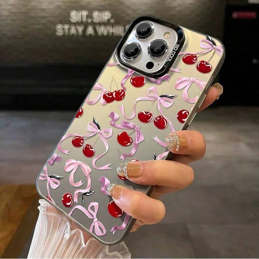 1pc Full Screen Pink Bow Red Cherry Compatible For Phone17/16/15/14/13/12/11/8/ 7ProMax/Pro/Plus/Xs Max/XS/X,For Compatible With Colored Simple  Fall Prevention Anti-Shock, Anti-Slip, Anti Drop, Camera Lens Protection, Silicone Anti Wear Phone Case ﻿
