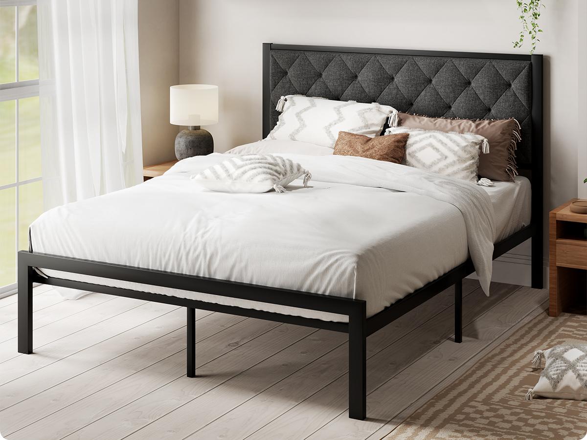 MUTICOR Metal Twin/Full/Queen/King Platform Bed Frame,Fabric Upholstered/Faux Leather Button Tufted Headboard【Frame Only No Mattress】17 Strong Slats Support, No Box Spring Needed,#TikTokShopBlackFriday #ChristmasGifts