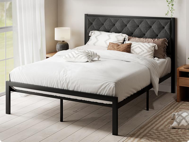 MUTICOR Metal Twin/Full/Queen/King Platform Bed Frame,Fabric Upholstered/Faux Leather Button Tufted Headboard【Frame Only No Mattress】17 Strong Slats Support, No Box Spring Needed,#TikTokShopBlackFriday #ChristmasGifts