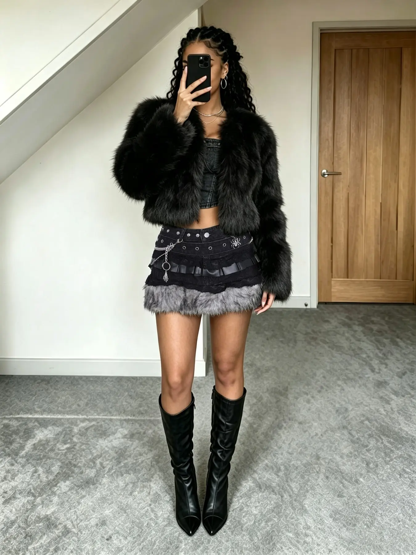 Women's Punk Gothic Casual Denim Mini Skirt, Lace Patchwork Faux Fur Hem, Metal Chain Decoration, Perfect for Music Festivals and Dates, Womenswear, Fit, Aesthetics, Aesthetic Fashionable Skirt