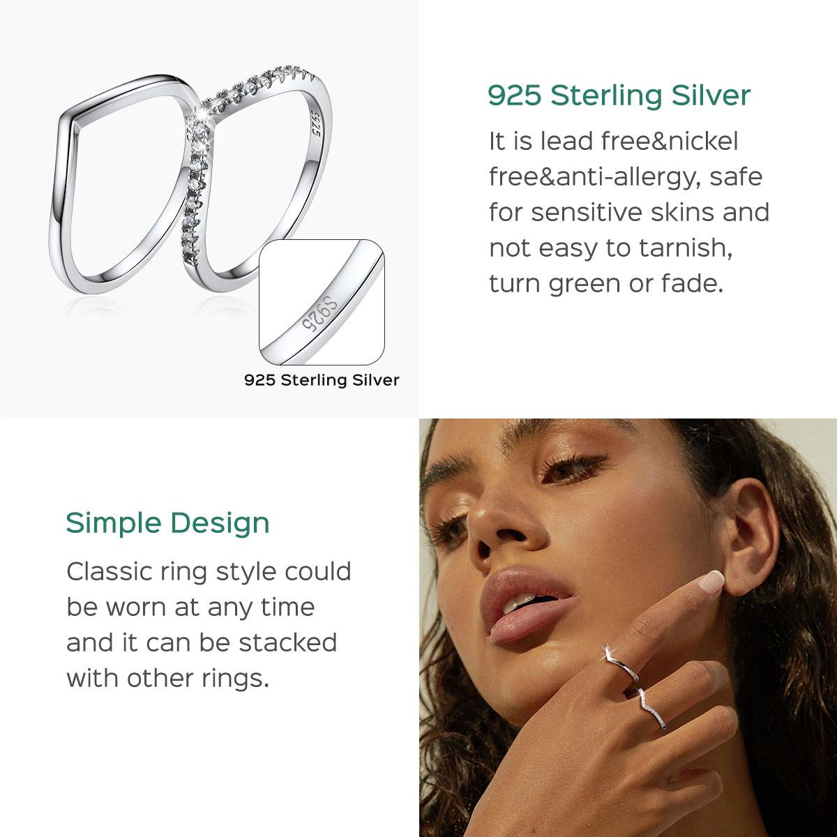 ChicSilver S925 Stackable Y Shape Plain Simple Daily Casual Unisex High Polished 925 Sterling Silver Cubic Zirconia Wishbone Rings Women's Day Gift for Women Men