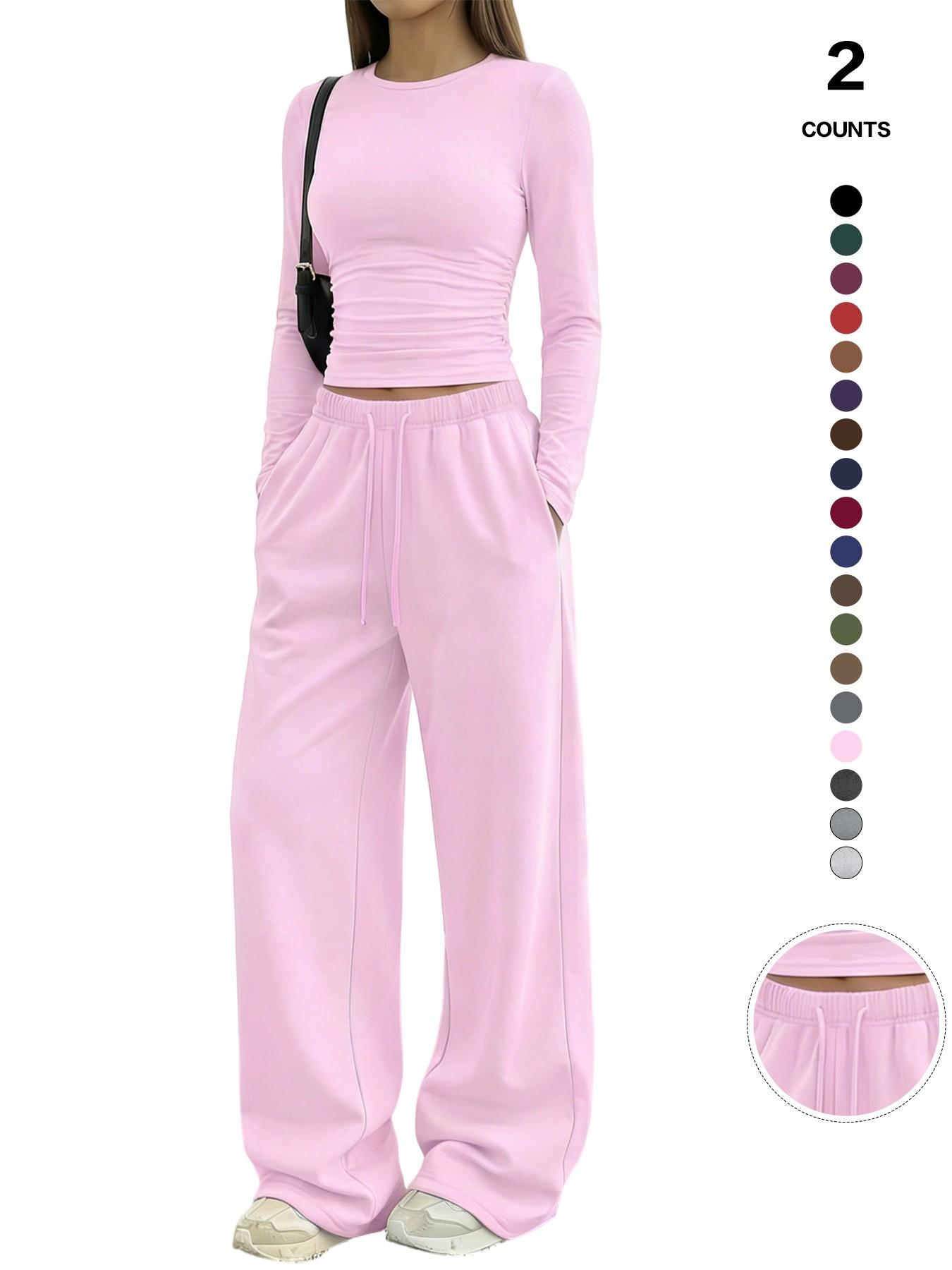 Women's Solid Ruched Drawstring Loungewear Set, Casual Long Sleeve Round Neck Top & Pocket Wide Leg Trousers, Spring Summer Sleepwear Pajama Set