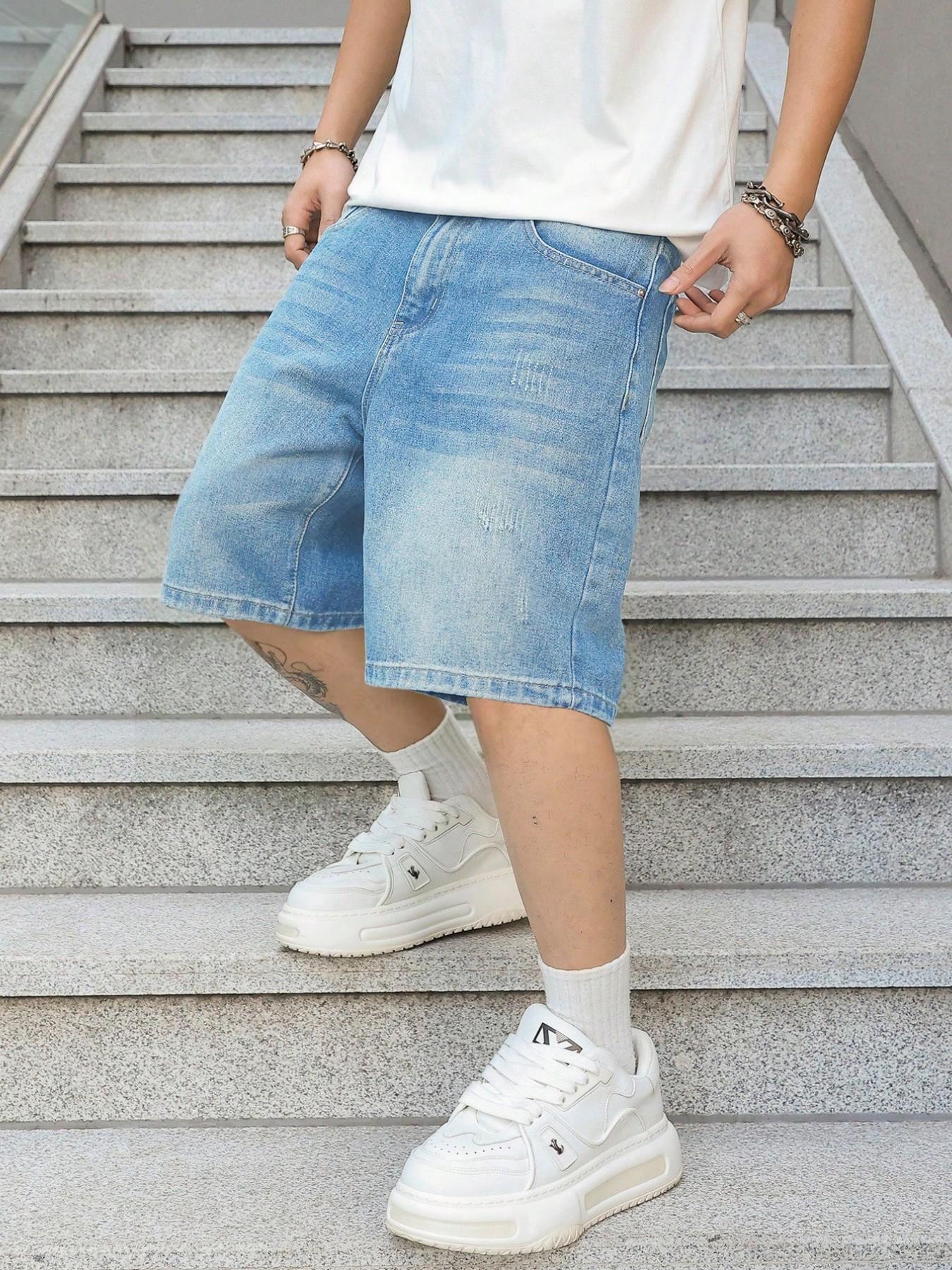 Men's Vintage Washed Classic Denim Shorts, Non-Elastic Straight Leg Fit, Simple Daily Wear Casual Pants, Loose-Fitting Short-Length Bottoms