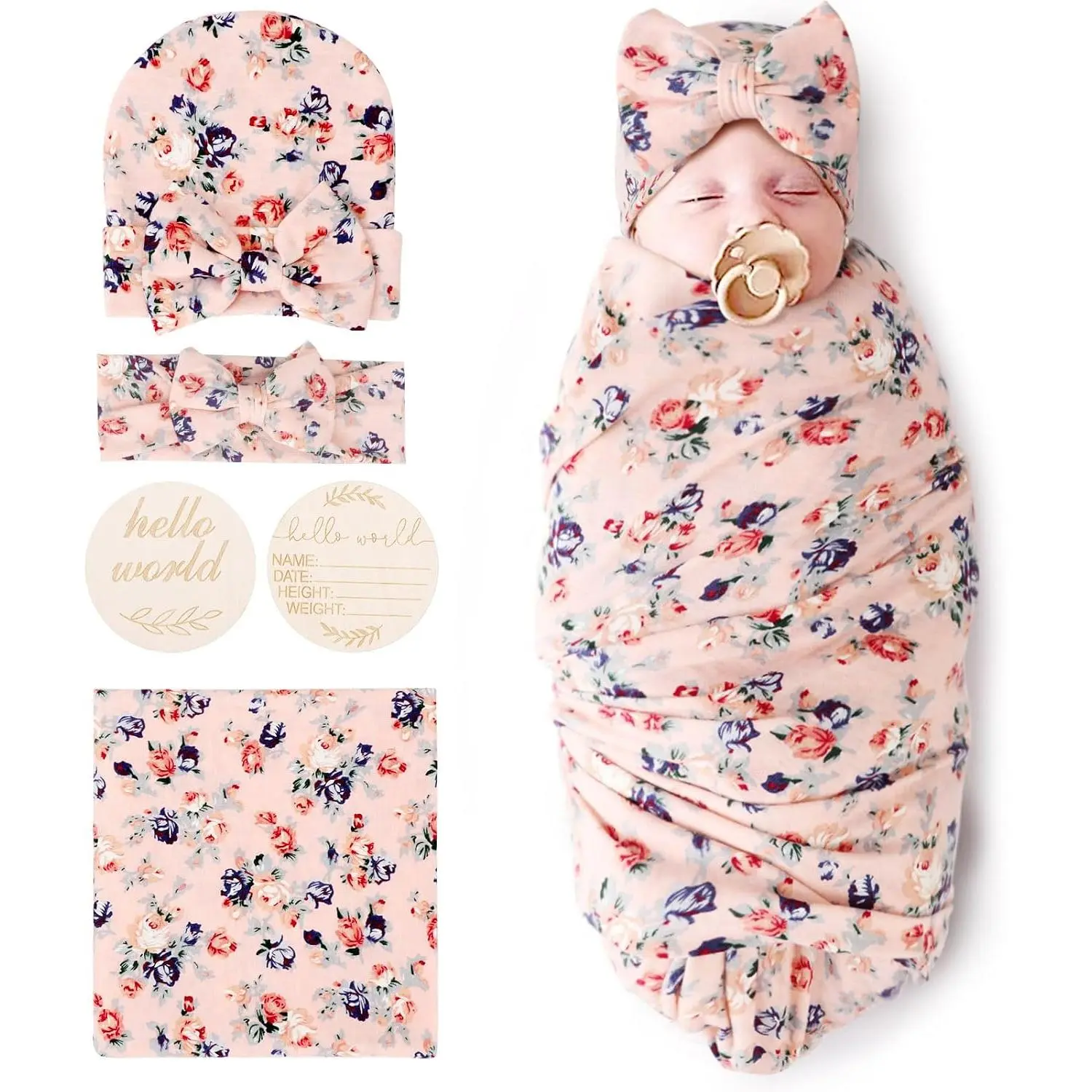 Baby Girl Newborn Receiving Blanket with Bow Hat Headband Wooden Birth Announcement Card Set Baby Floral Print Nursery Swaddle Wrap