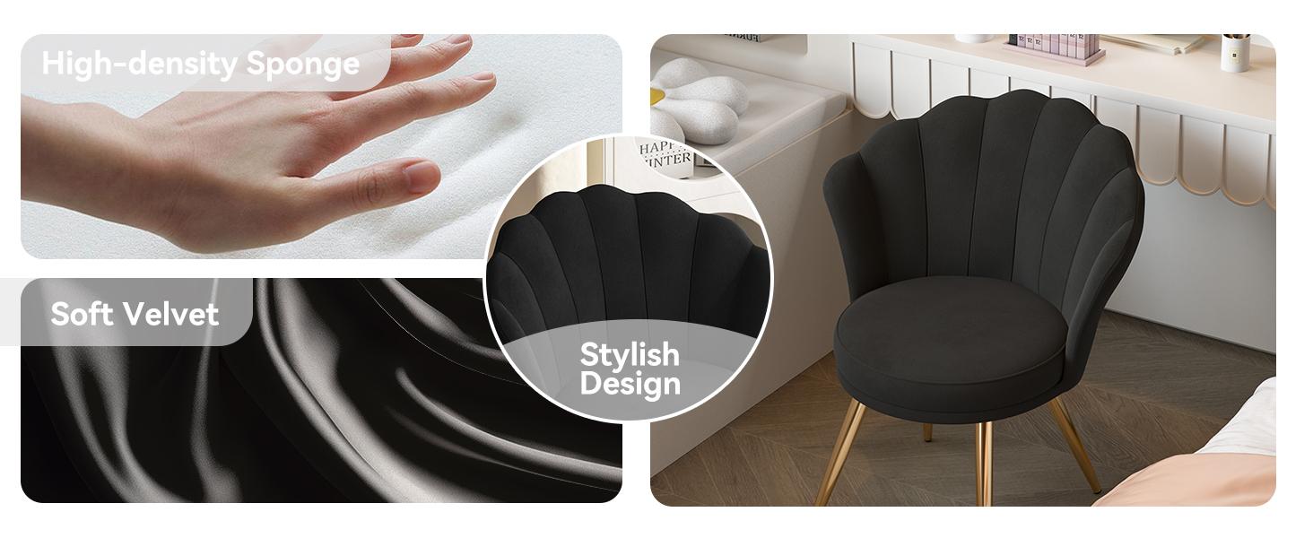 Velvet Accent Chair with Gold Metal Legs, Vanity Chair for Makeup Room, Upholstered Guest Chair for Living Room, for Bedroom, Black