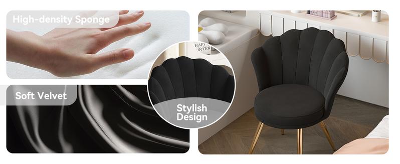 Velvet Accent Chair with Gold Metal Legs, Vanity Chair for Makeup Room, Upholstered Guest Chair for Living Room, for Bedroom, Black