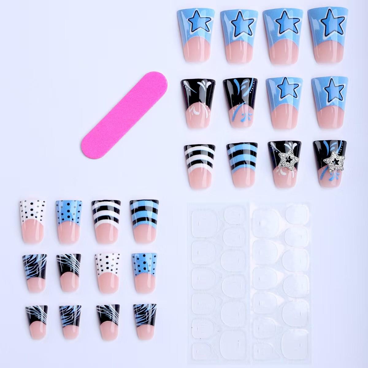 24pcs Duckbill Nail Art Stickers, Spring Summer Fall Colorblock 3D Metal Star Stripe Design, High-Quality Wearable Nails
