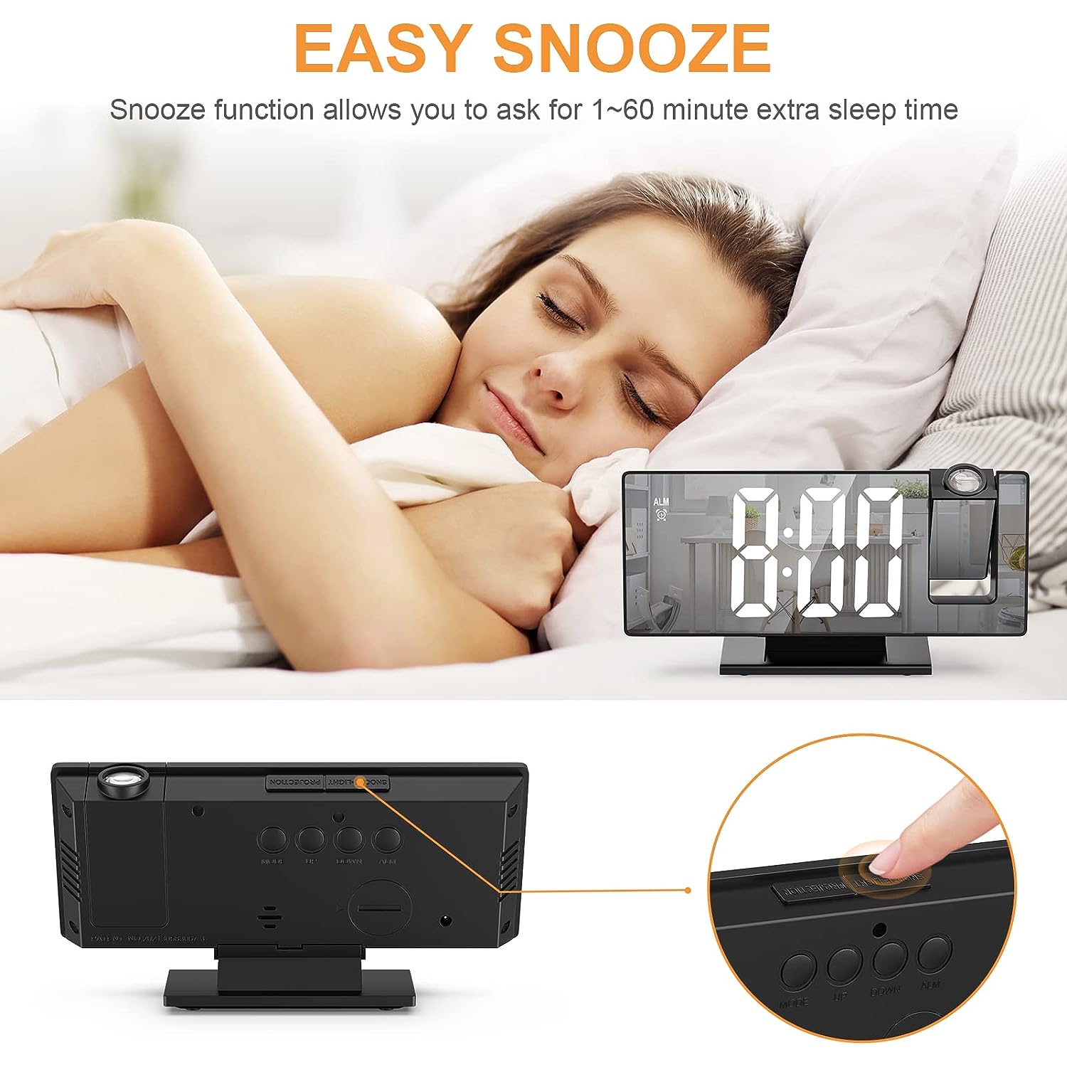 Digital Alarm Clock Projection for Heavy Sleepers, Electronic Mirror Clock with Large LED Screen, 12/24h Temperature Display