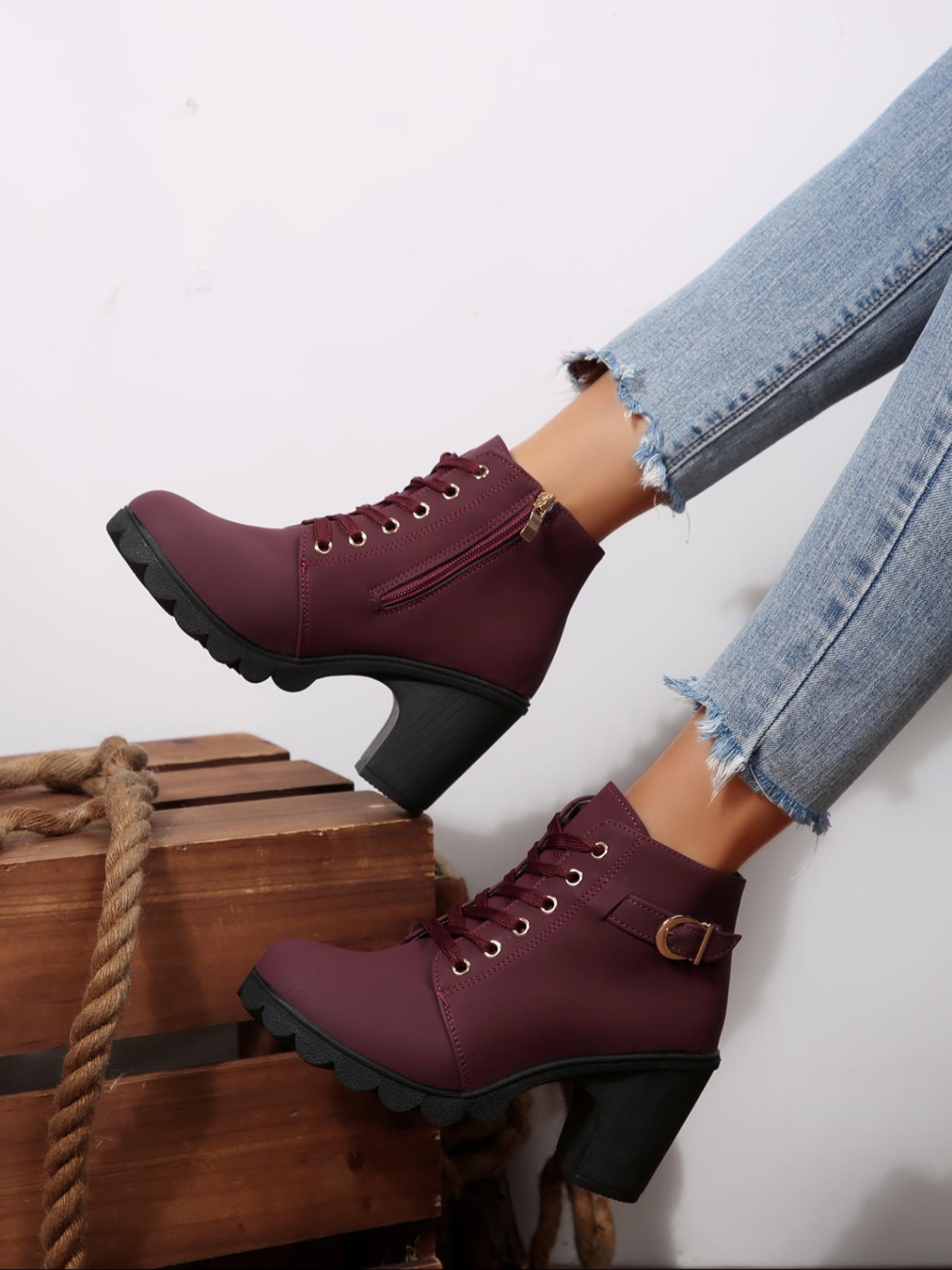 Women's Round Toe High Heel Thick Sole Shoes, Side Zipper with Metal Buckle Design, Fashion Short Boots for Outdoor and Commuting, Casual Boots, Casual Ankle Boots